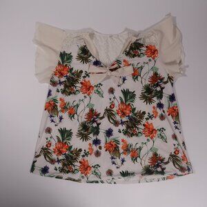 Floral Tie-Front Cream Top with Lace Yoke